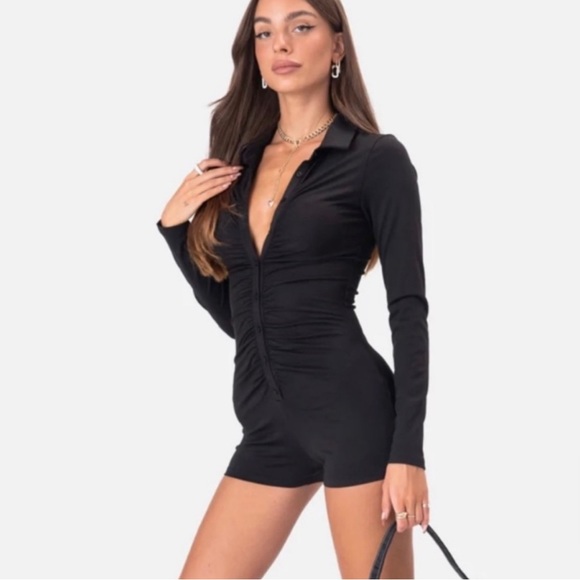 Adika Pants - Adika Romper Black Ruched Front Long Sleeve